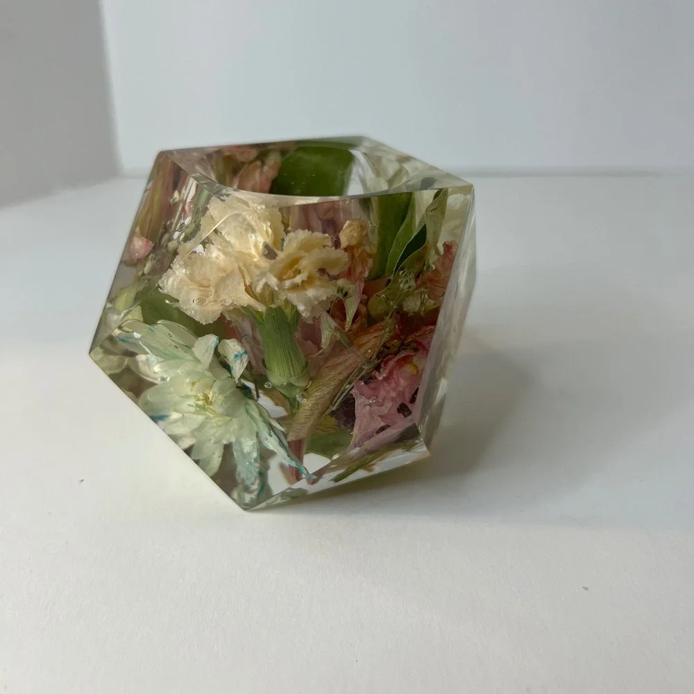 Preserved Flower Candle Holder Resin Keepsake Hexagon‎ 3 x 4